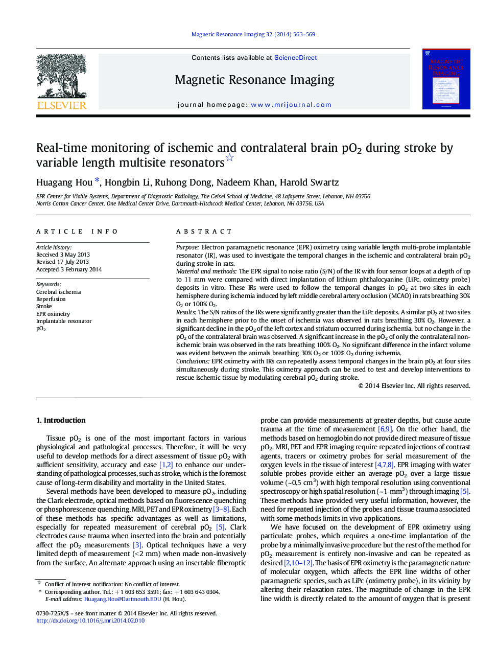عکس صفحه اول مقاله: Real-time monitoring of ischemic and contralateral brain pO2 during stroke by variable length multisite resonators Real-time monitoring of ischemic and contralateral brain pO2 during stroke by variable length multisite resonators