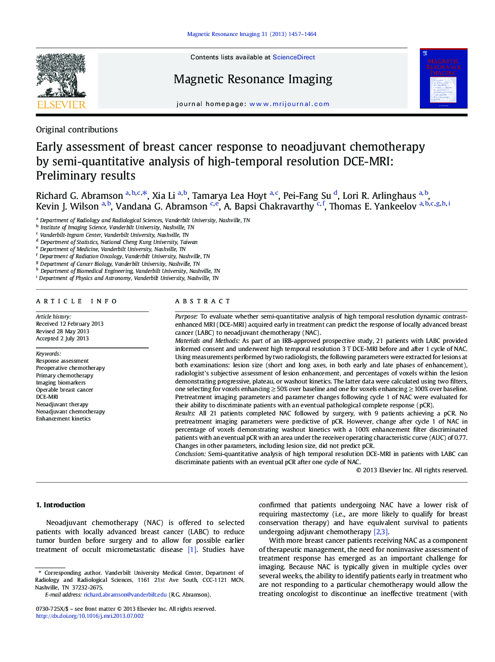 Early assessment of breast cancer response to neoadjuvant chemotherapy by semi-quantitative analysis of high-temporal resolution DCE-MRI: Preliminary results