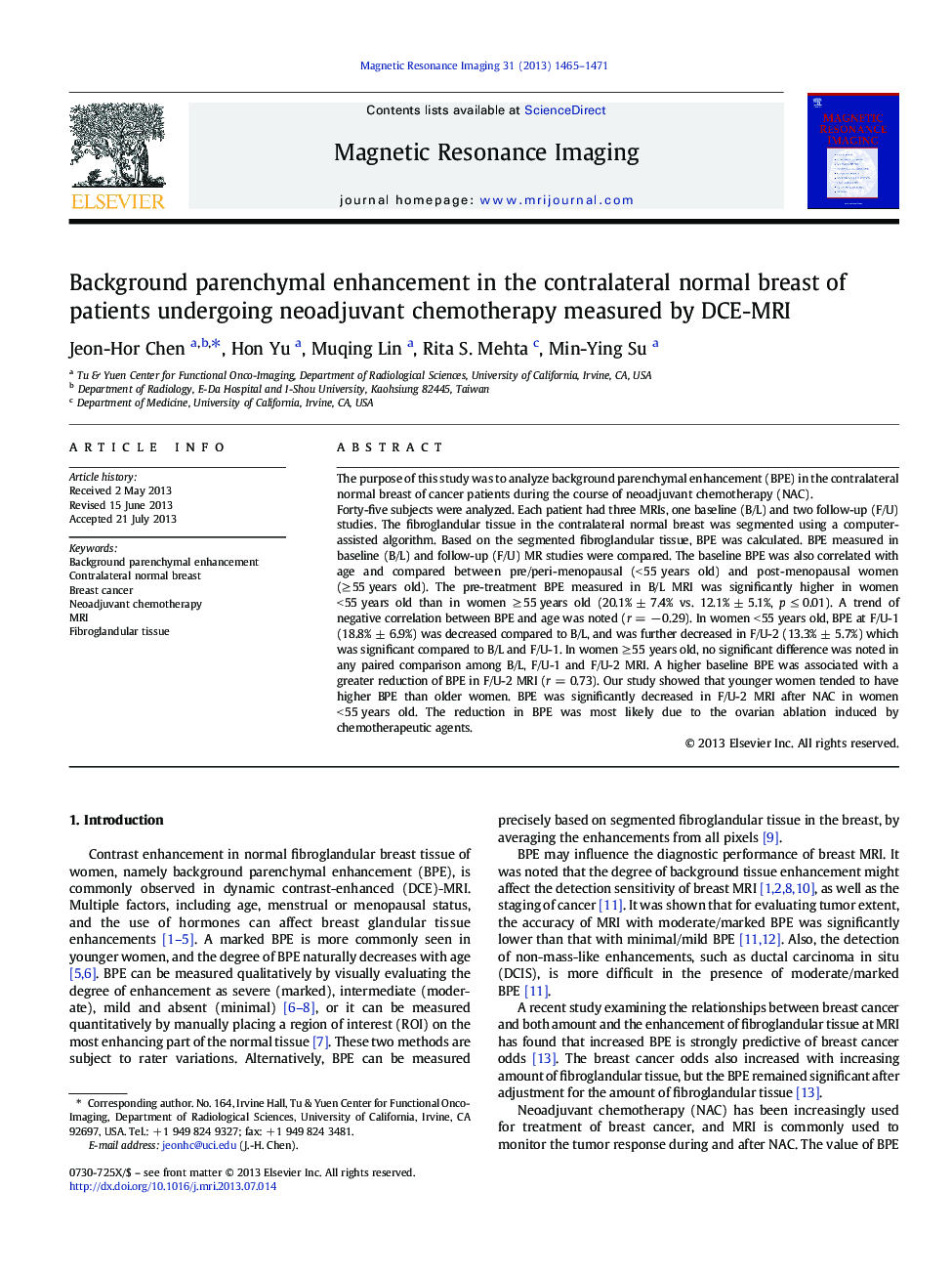 عکس صفحه اول مقاله: Background parenchymal enhancement in the contralateral normal breast of patients undergoing neoadjuvant chemotherapy measured by DCE-MRI Background parenchymal enhancement in the contralateral normal breast of patients undergoing neoadjuvant chemotherapy measured by DCE-MRI