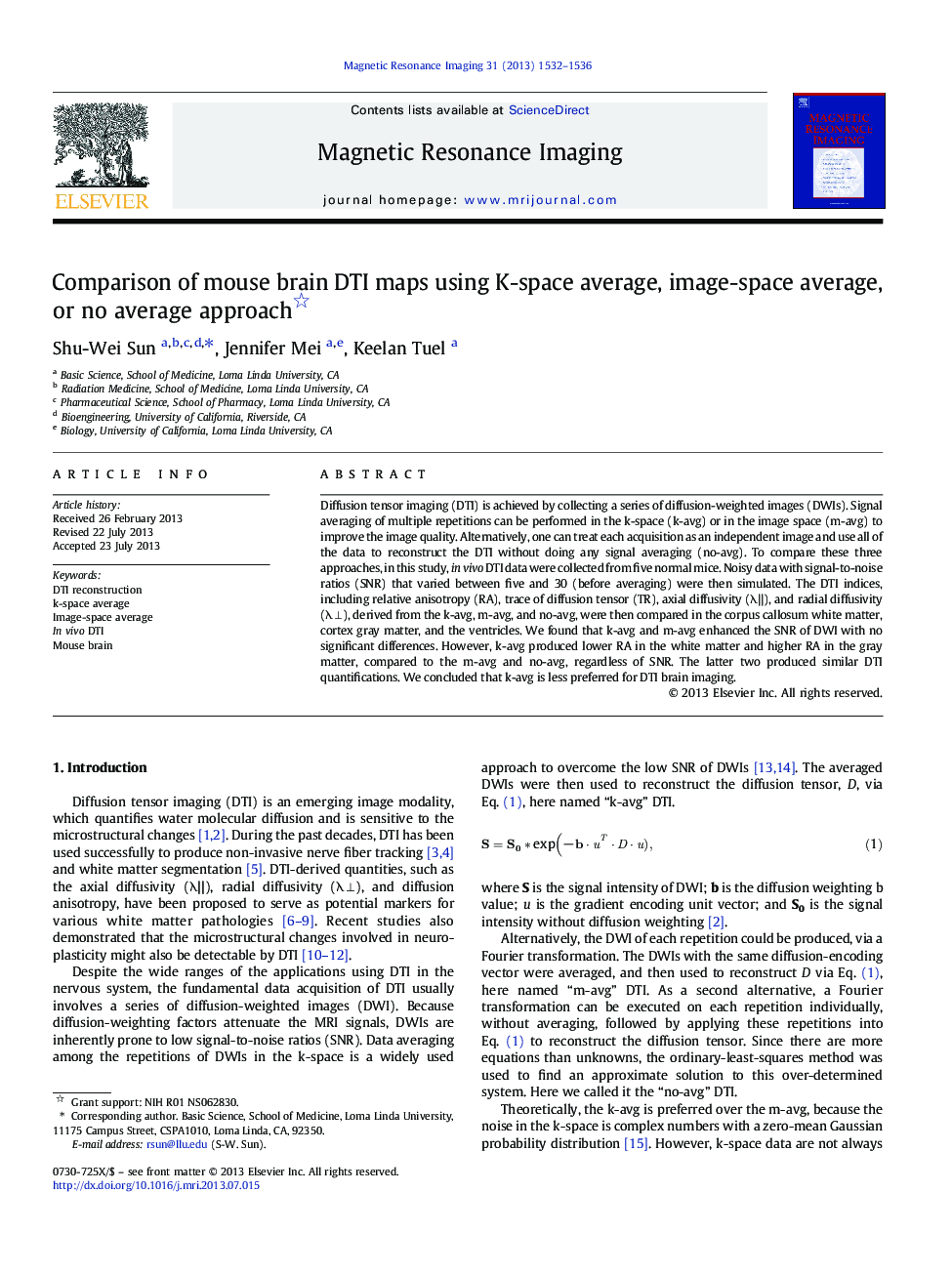 Comparison of mouse brain DTI maps using K-space average, image-space average, or no average approach