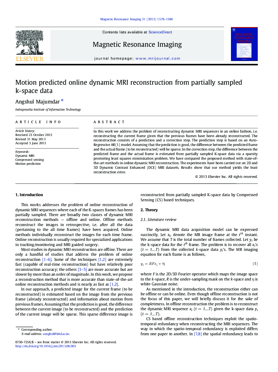 Motion predicted online dynamic MRI reconstruction from partially sampled k-space data