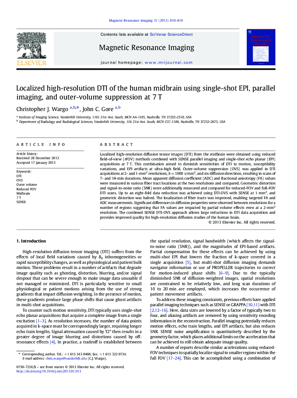 Localized high-resolution DTI of the human midbrain using single-shot EPI, parallel imaging, and outer-volume suppression at 7Â T