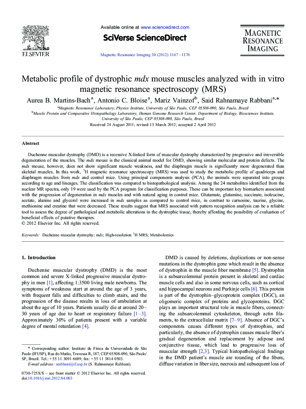 Metabolic profile of dystrophic mdx mouse muscles analyzed with in vitro magnetic resonance spectroscopy (MRS)