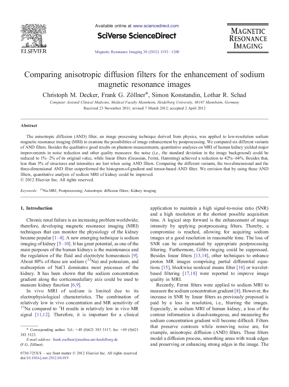 Comparing anisotropic diffusion filters for the enhancement of sodium magnetic resonance images