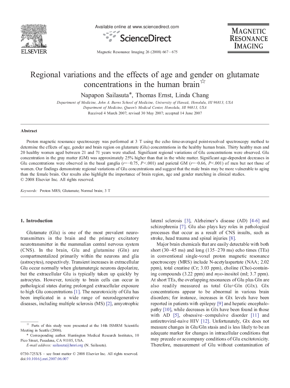 Regional variations and the effects of age and gender on glutamate concentrations in the human brain