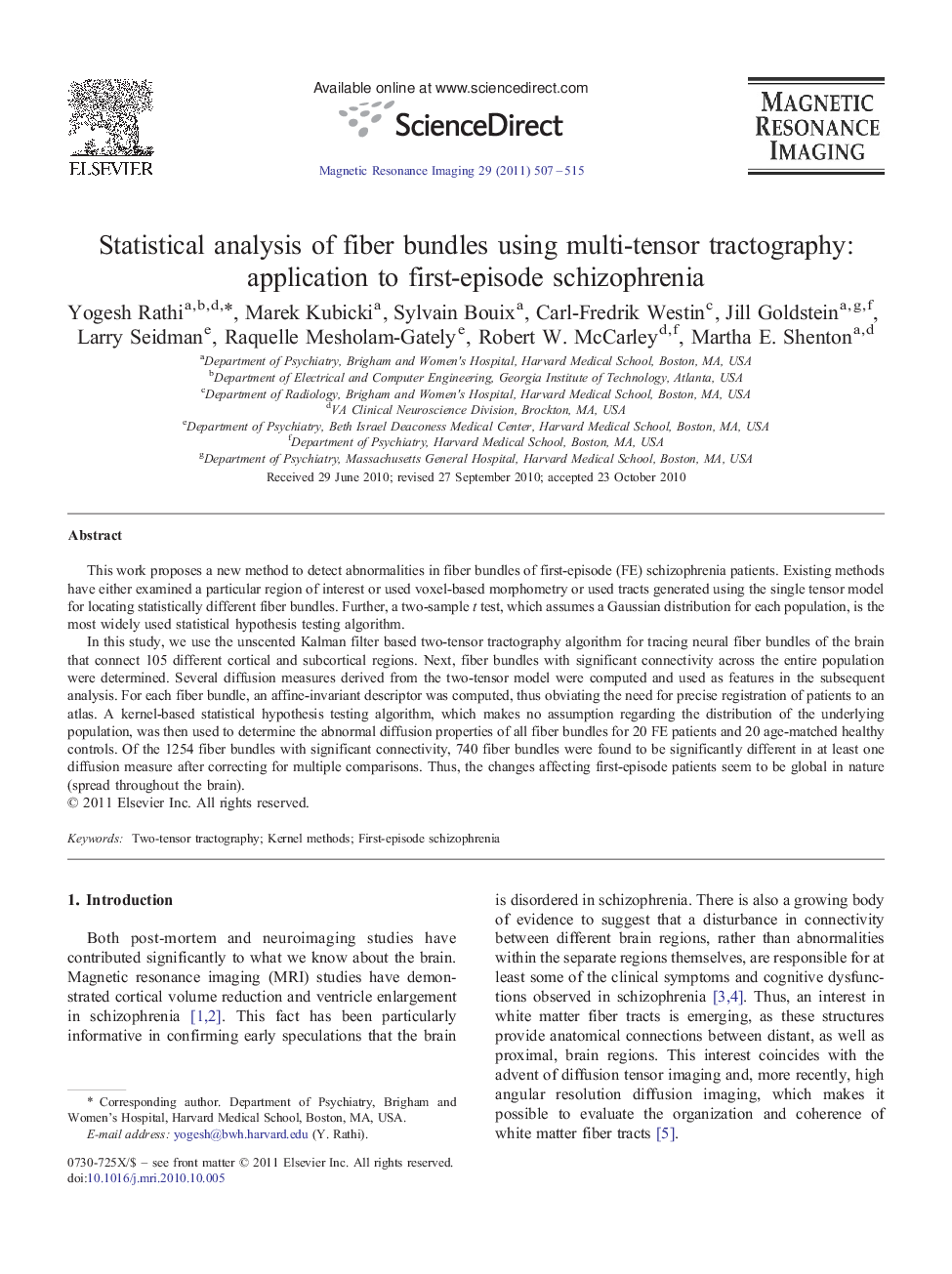 Statistical analysis of fiber bundles using multi-tensor tractography: application to first-episode schizophrenia