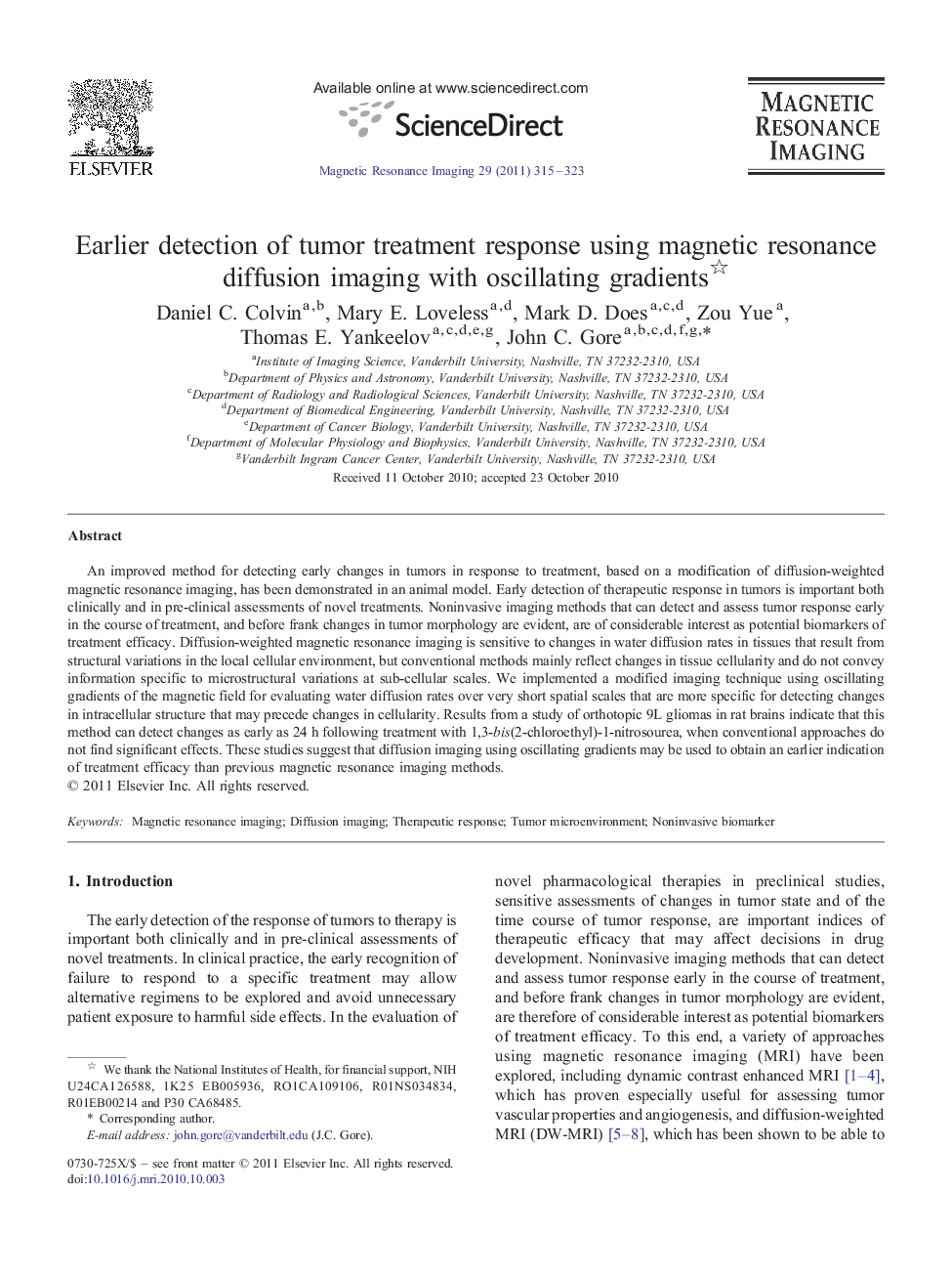 Earlier detection of tumor treatment response using magnetic resonance diffusion imaging with oscillating gradients