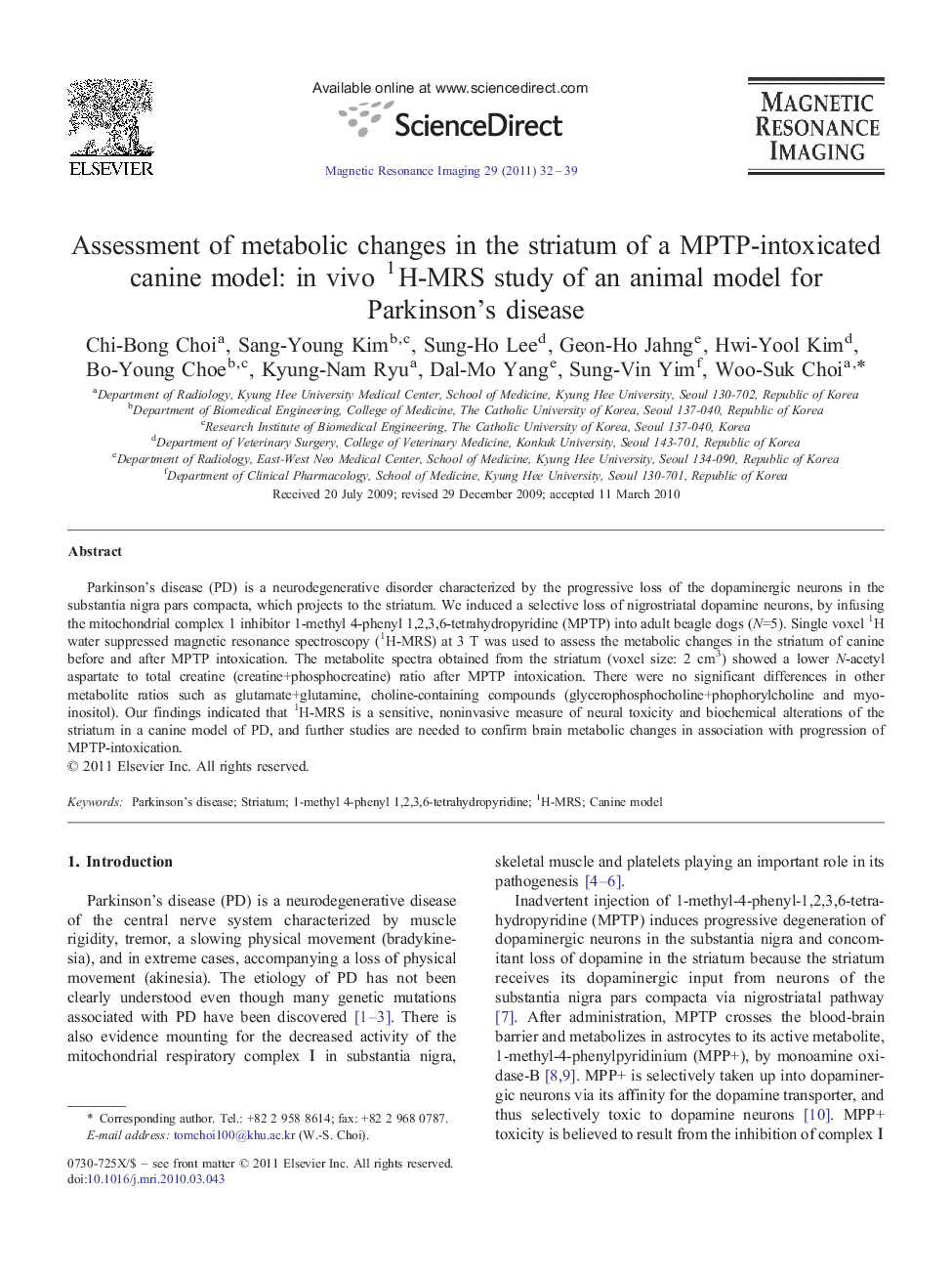 Assessment of metabolic changes in the striatum of a MPTP-intoxicated canine model: in vivo 1H-MRS study of an animal model for Parkinson's disease