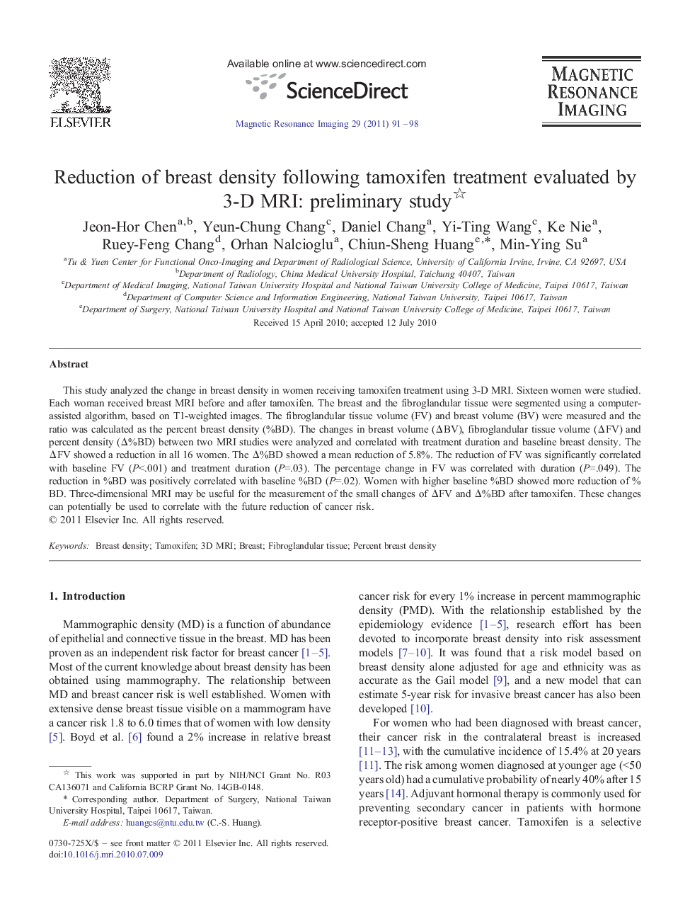 Reduction of breast density following tamoxifen treatment evaluated by 3-D MRI: preliminary study