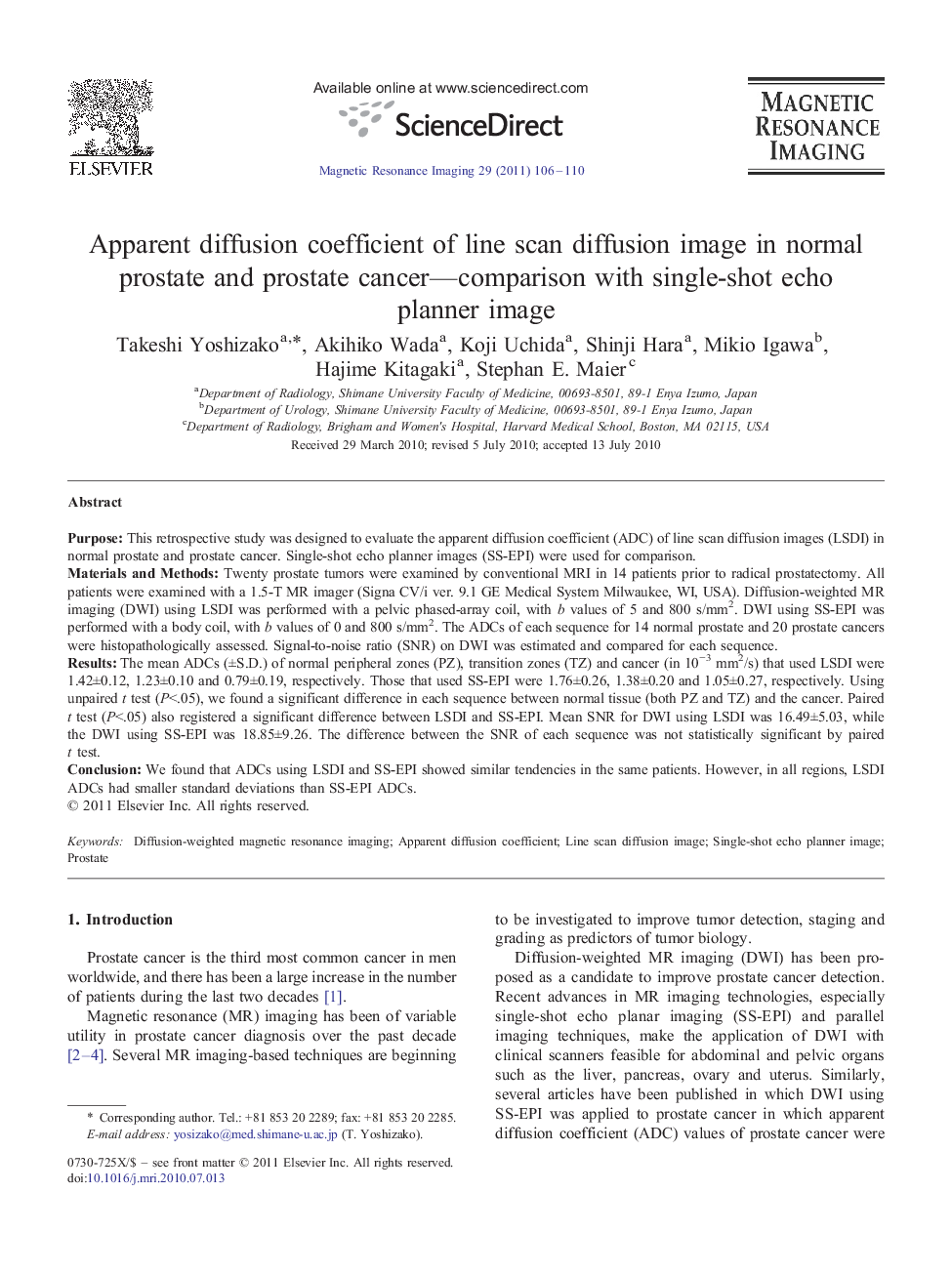 Apparent diffusion coefficient of line scan diffusion image in normal prostate and prostate cancer-comparison with single-shot echo planner image