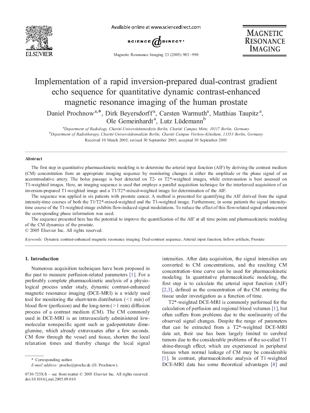 Implementation of a rapid inversion-prepared dual-contrast gradient echo sequence for quantitative dynamic contrast-enhanced magnetic resonance imaging of the human prostate