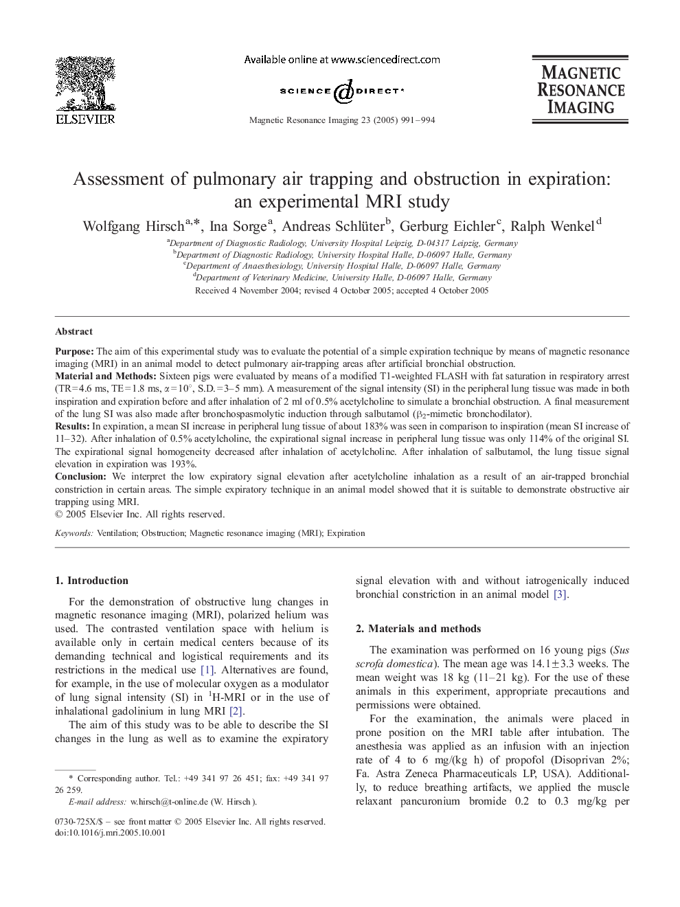 Assessment of pulmonary air trapping and obstruction in expiration: an experimental MRI study