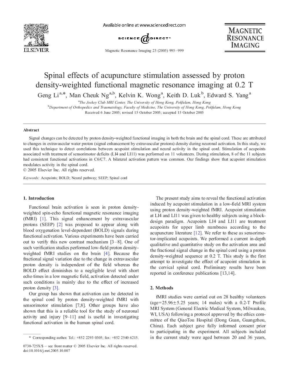 Spinal effects of acupuncture stimulation assessed by proton density-weighted functional magnetic resonance imaging at 0.2 T