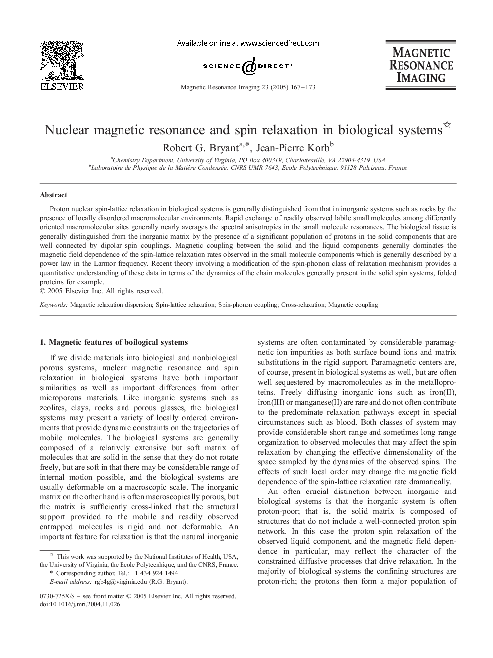 Nuclear magnetic resonance and spin relaxation in biological systems