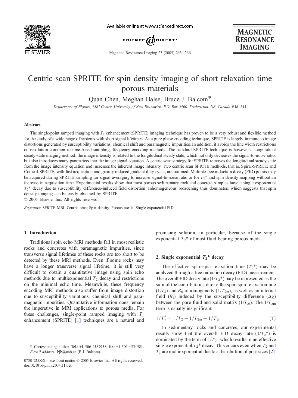 Centric scan SPRITE for spin density imaging of short relaxation time porous materials