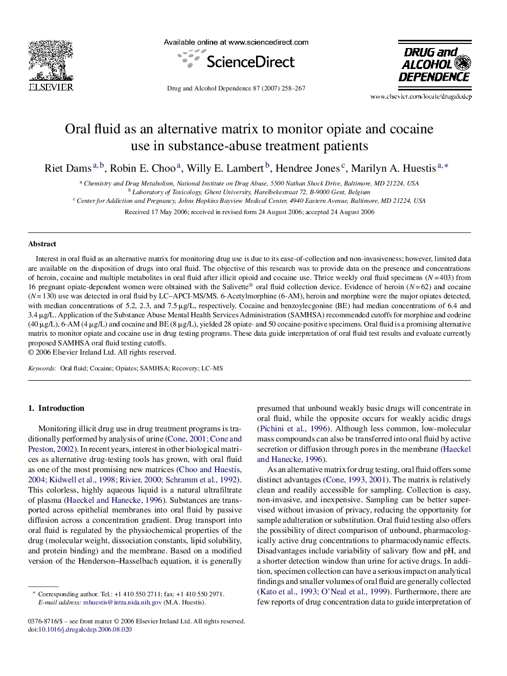 Oral fluid as an alternative matrix to monitor opiate and cocaine use in substance-abuse treatment patients