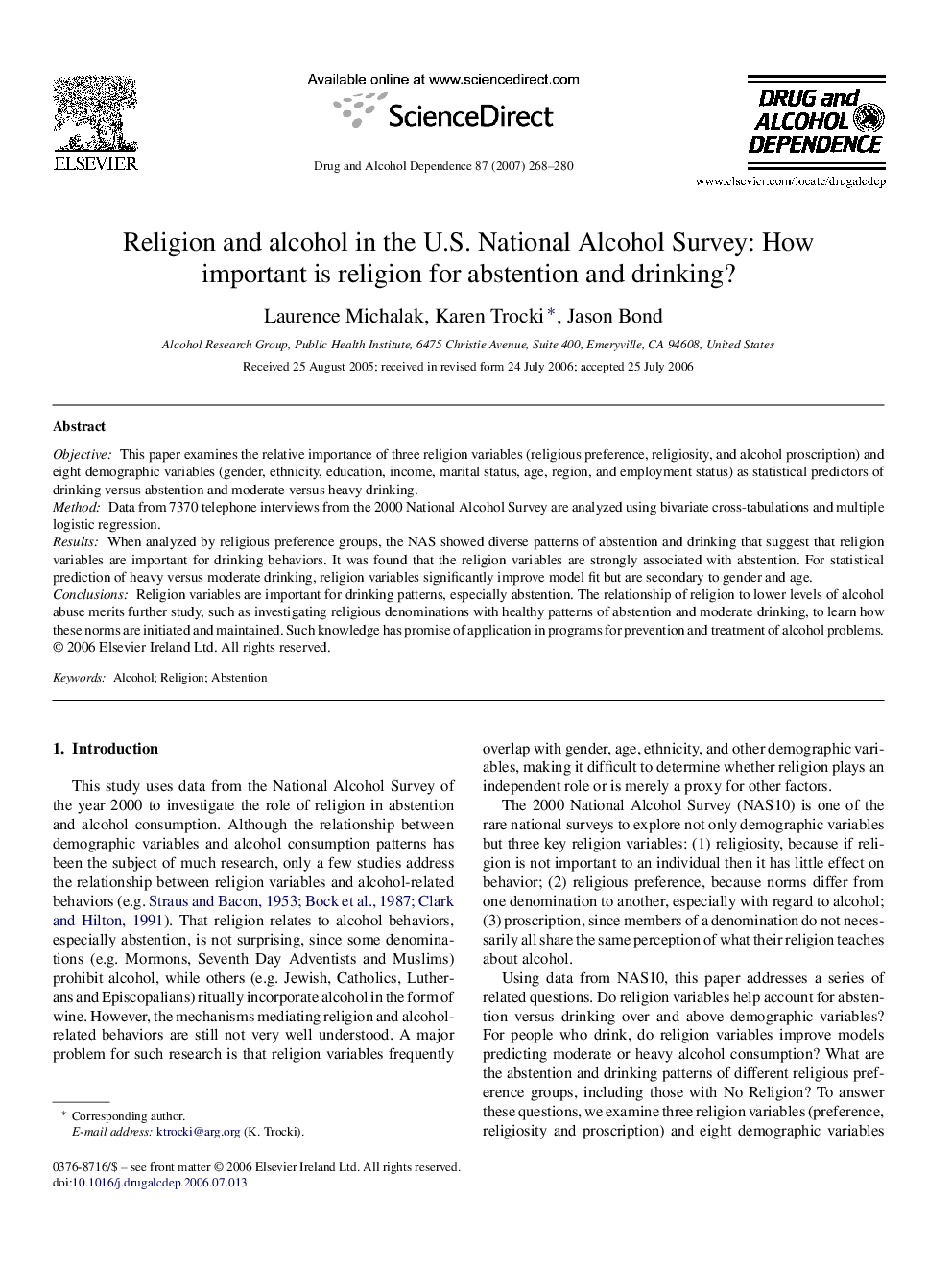 Religion and alcohol in the U.S. National Alcohol Survey: How important is religion for abstention and drinking?