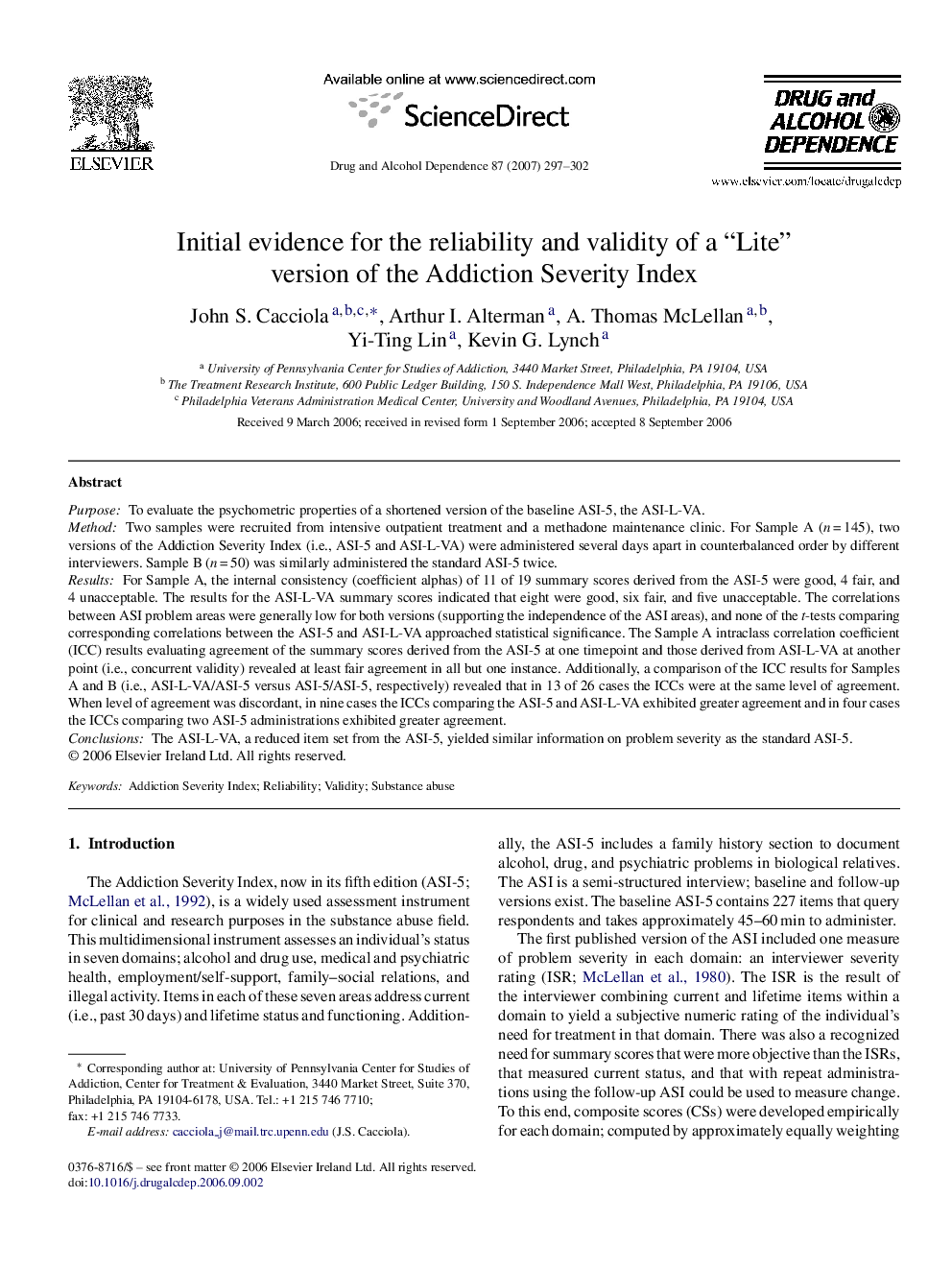 Initial evidence for the reliability and validity of a “Lite” version of the Addiction Severity Index