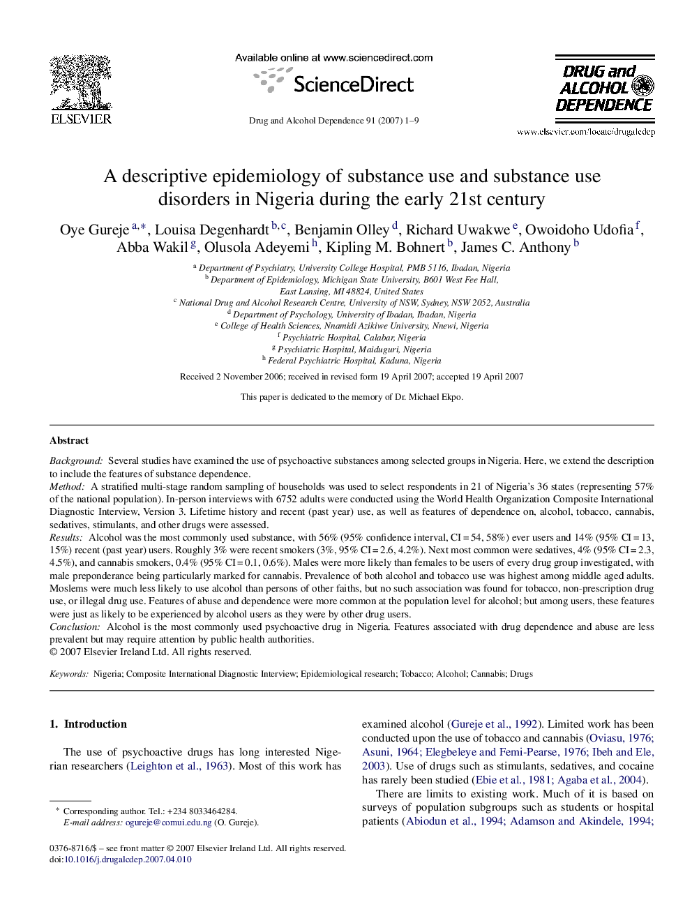 A descriptive epidemiology of substance use and substance use disorders in Nigeria during the early 21st century