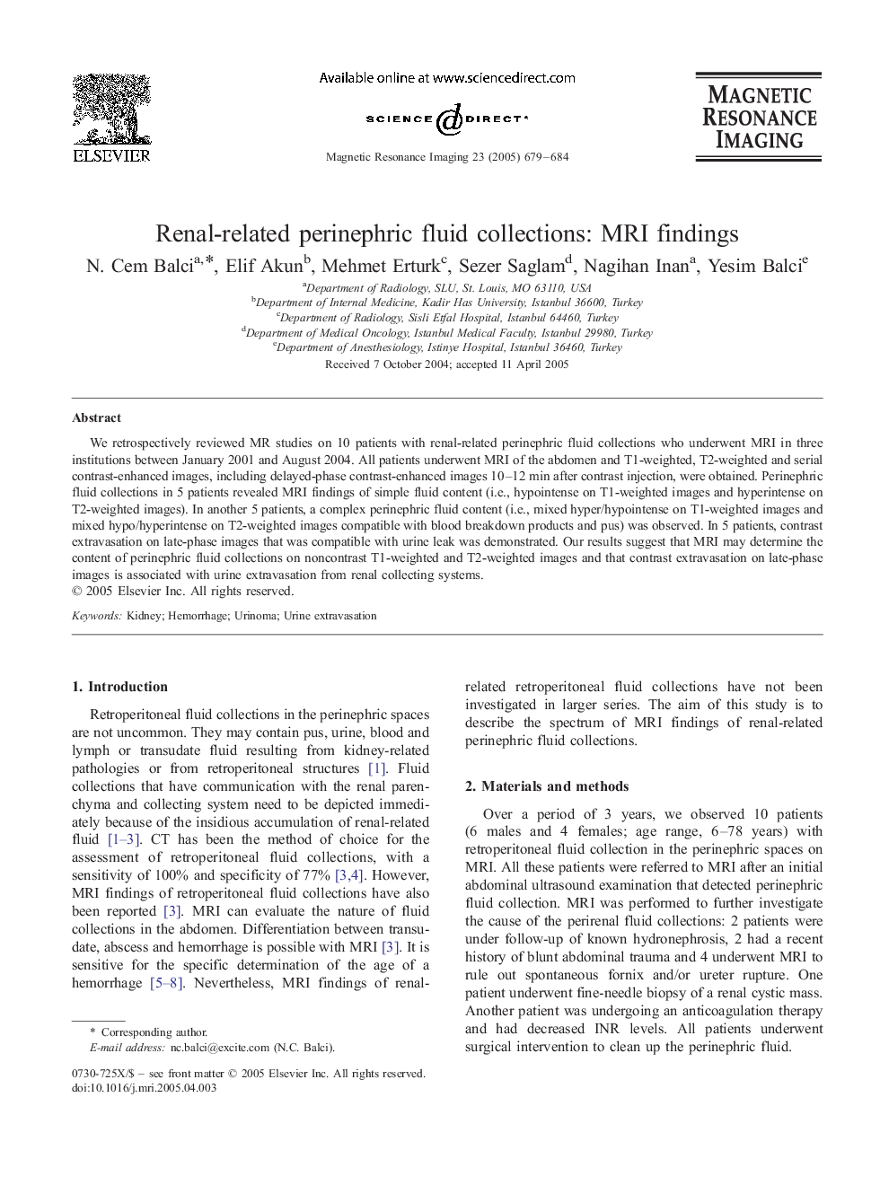 Renal-related perinephric fluid collections: MRI findings