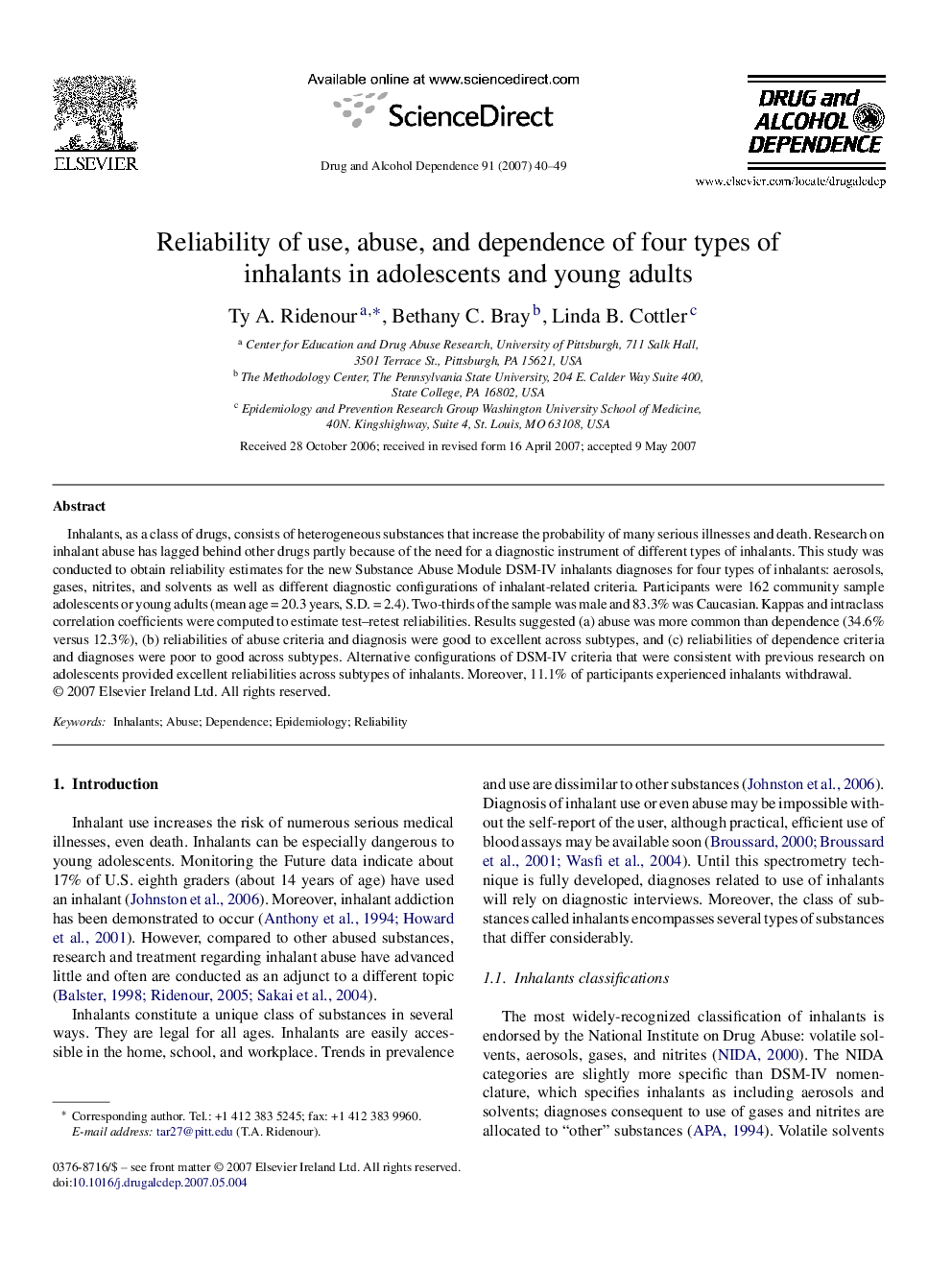 Reliability of use, abuse, and dependence of four types of inhalants in adolescents and young adults