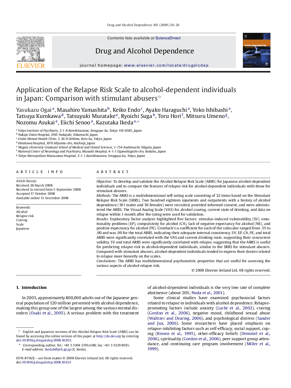 Application of the Relapse Risk Scale to alcohol-dependent individuals in Japan: Comparison with stimulant abusers 