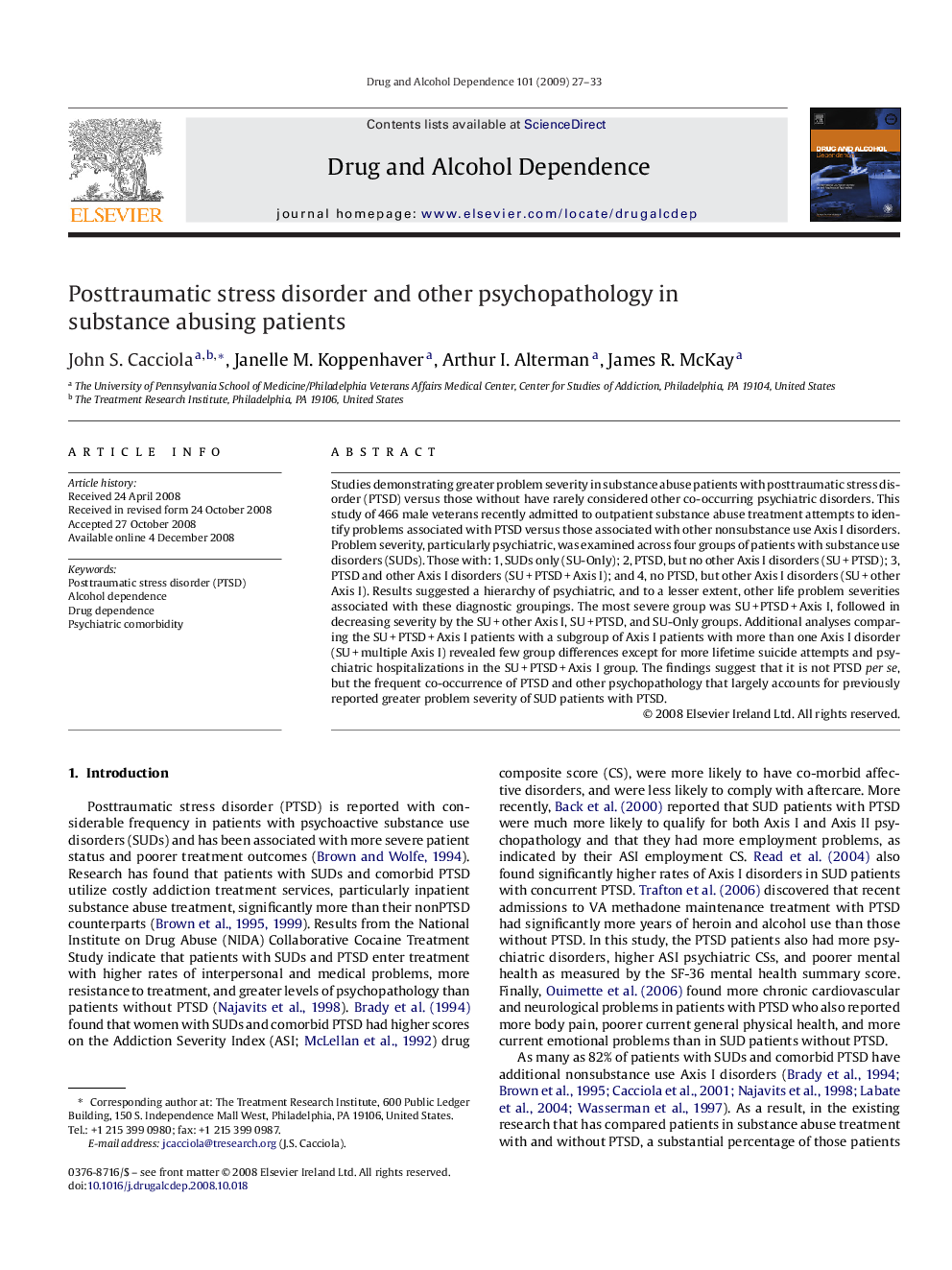 Posttraumatic stress disorder and other psychopathology in substance abusing patients