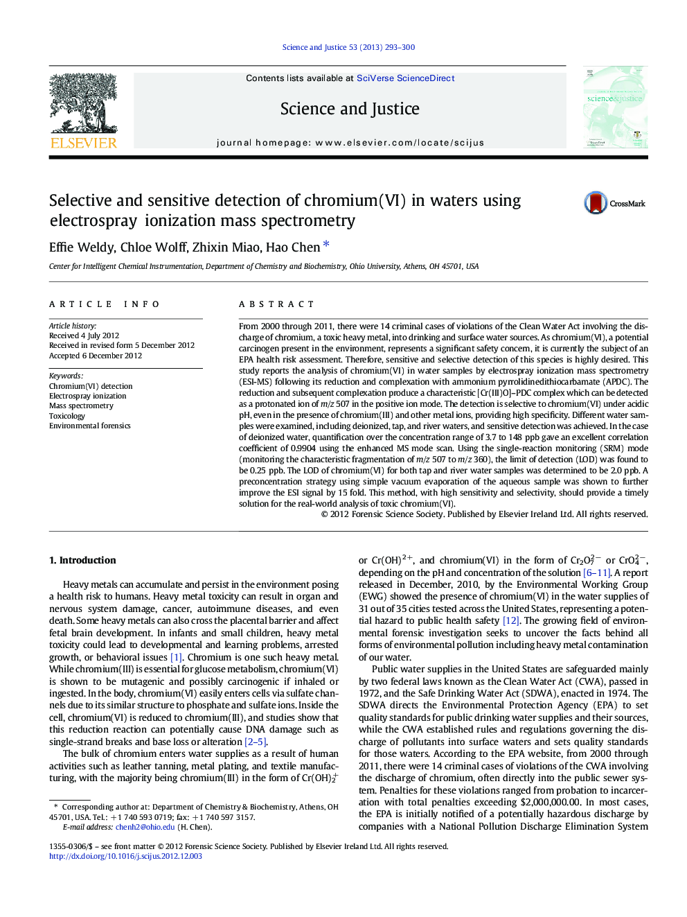 Selective and sensitive detection of chromium(VI) in waters using electrospray ionization mass spectrometry