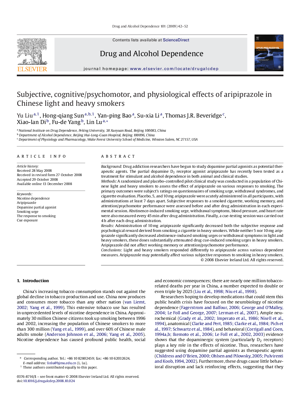 Subjective, cognitive/psychomotor, and physiological effects of aripiprazole in Chinese light and heavy smokers