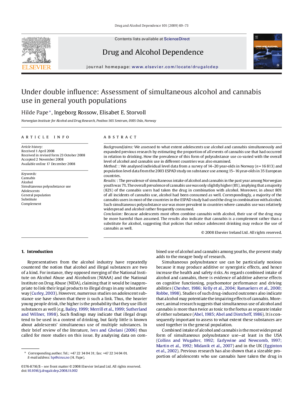 Under double influence: Assessment of simultaneous alcohol and cannabis use in general youth populations