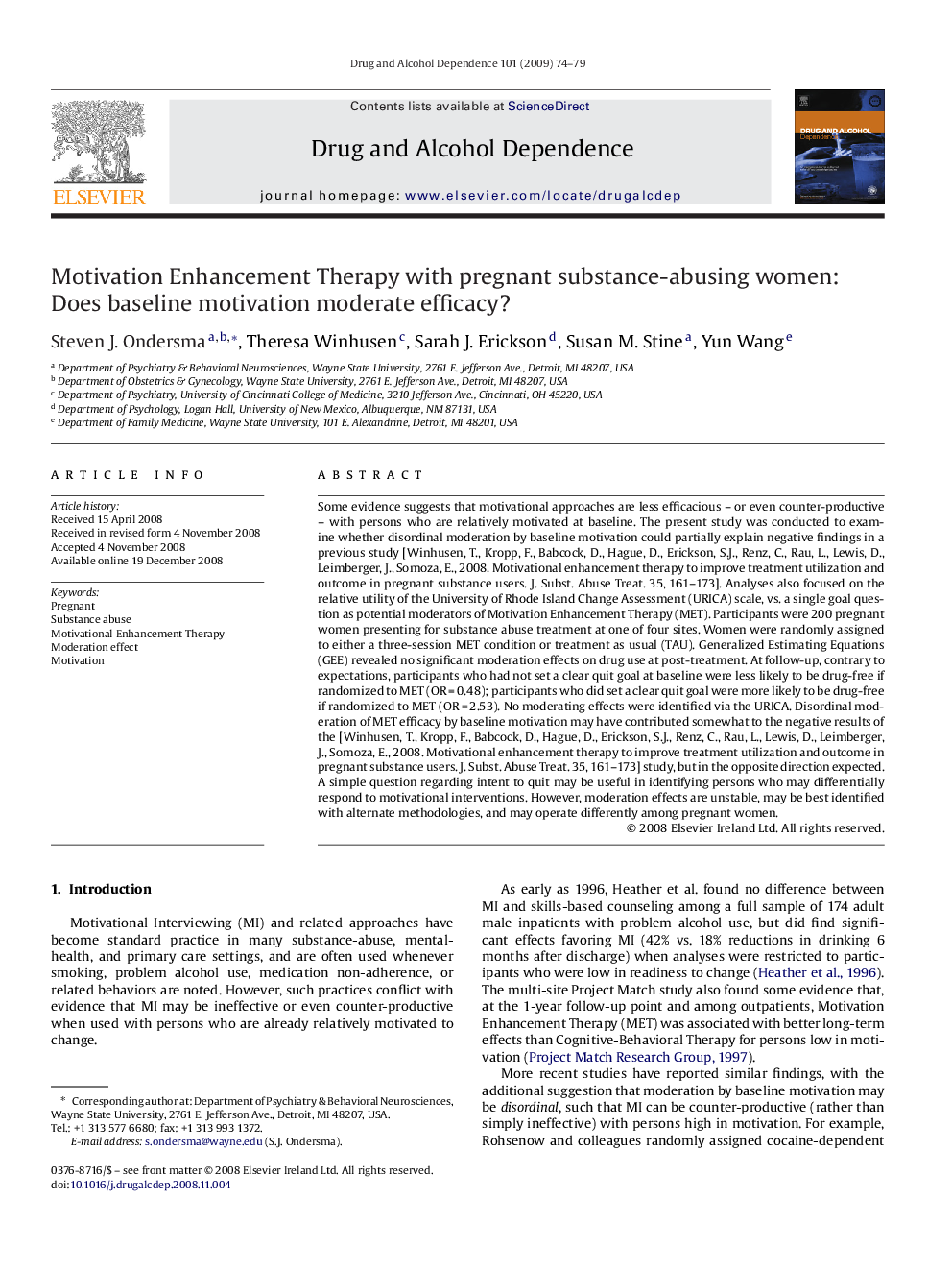 Motivation Enhancement Therapy with pregnant substance-abusing women: Does baseline motivation moderate efficacy?