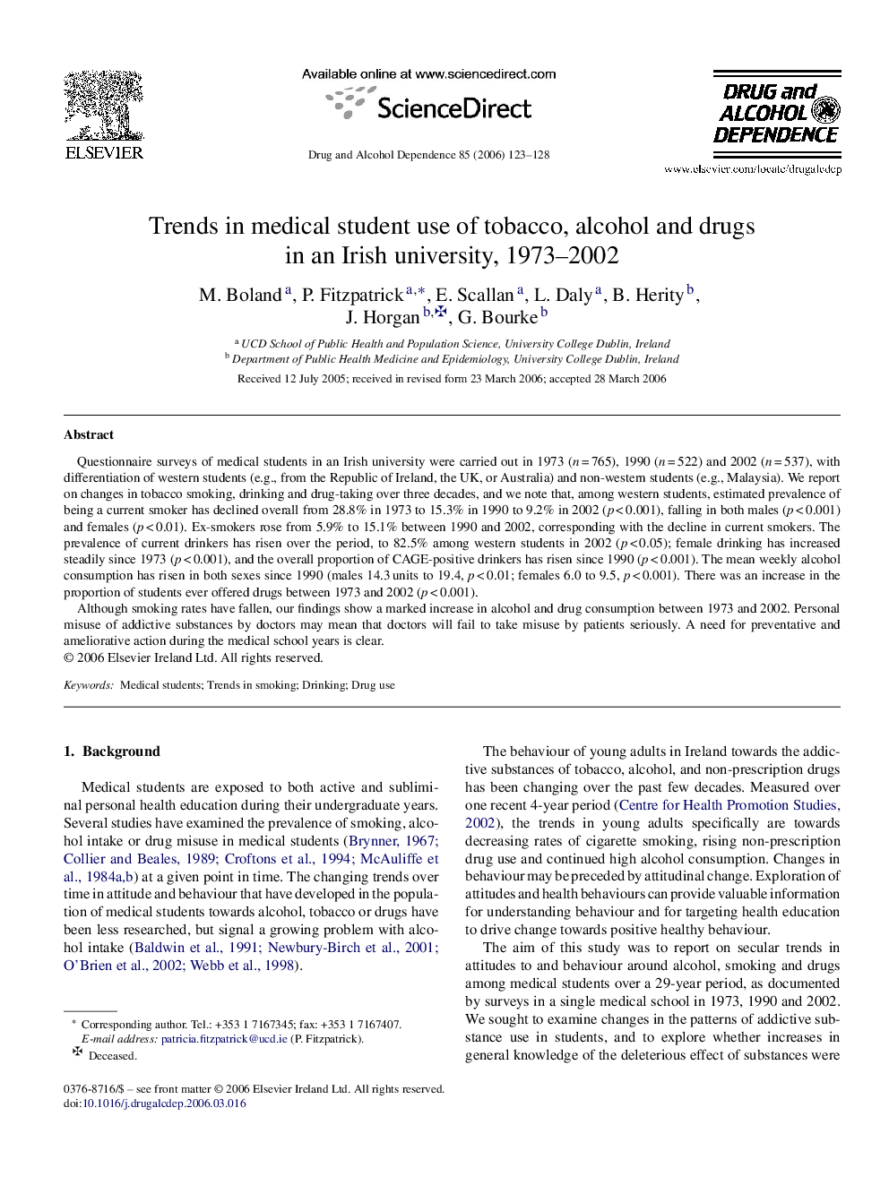 Trends in medical student use of tobacco, alcohol and drugs in an Irish university, 1973–2002