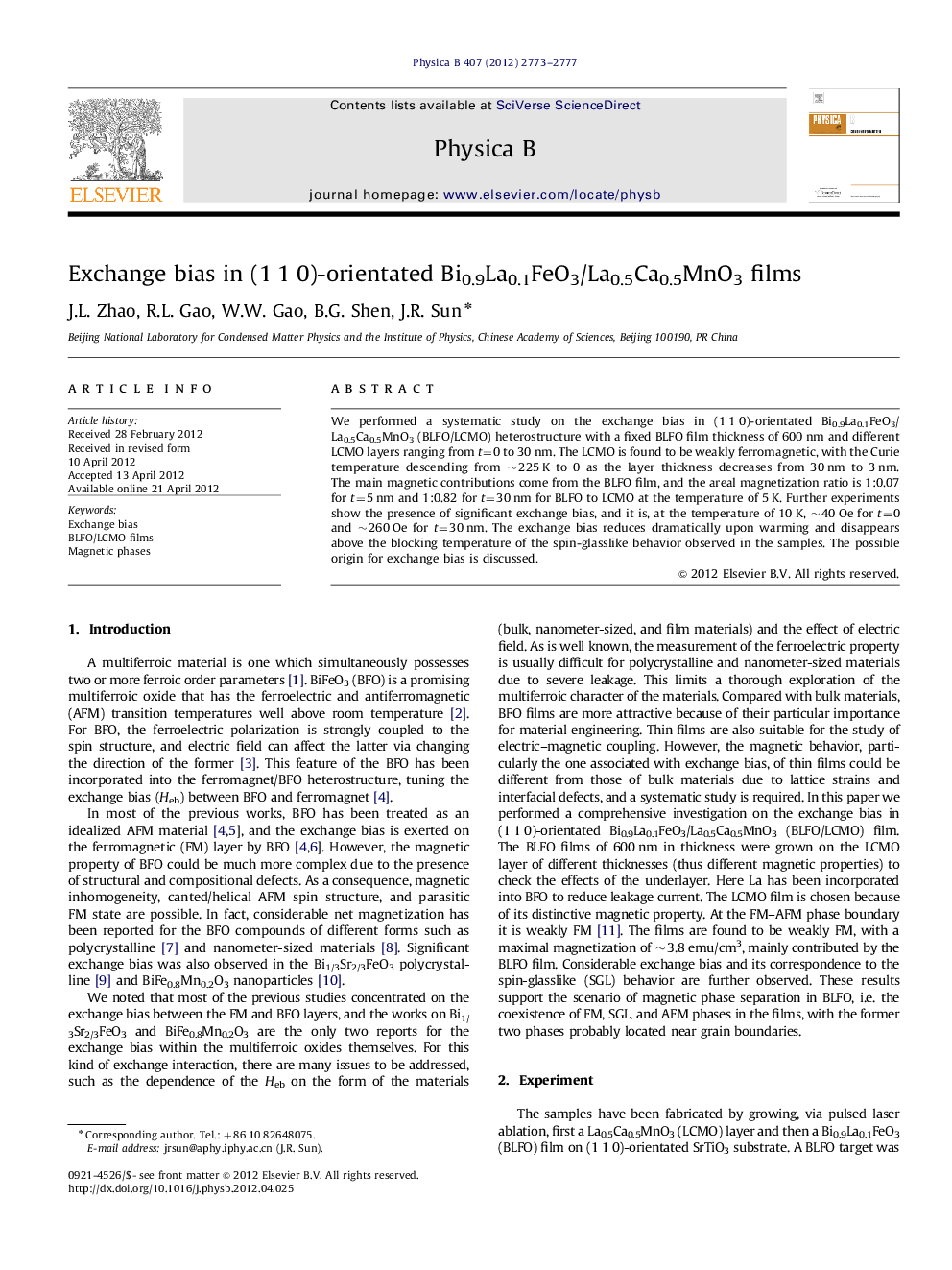 Exchange bias in (1Â 1Â 0)-orientated Bi0.9La0.1FeO3/La0.5Ca0.5MnO3 films