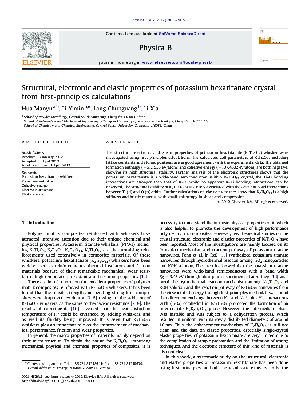 Structural, electronic and elastic properties of potassium hexatitanate crystal from first-principles calculations