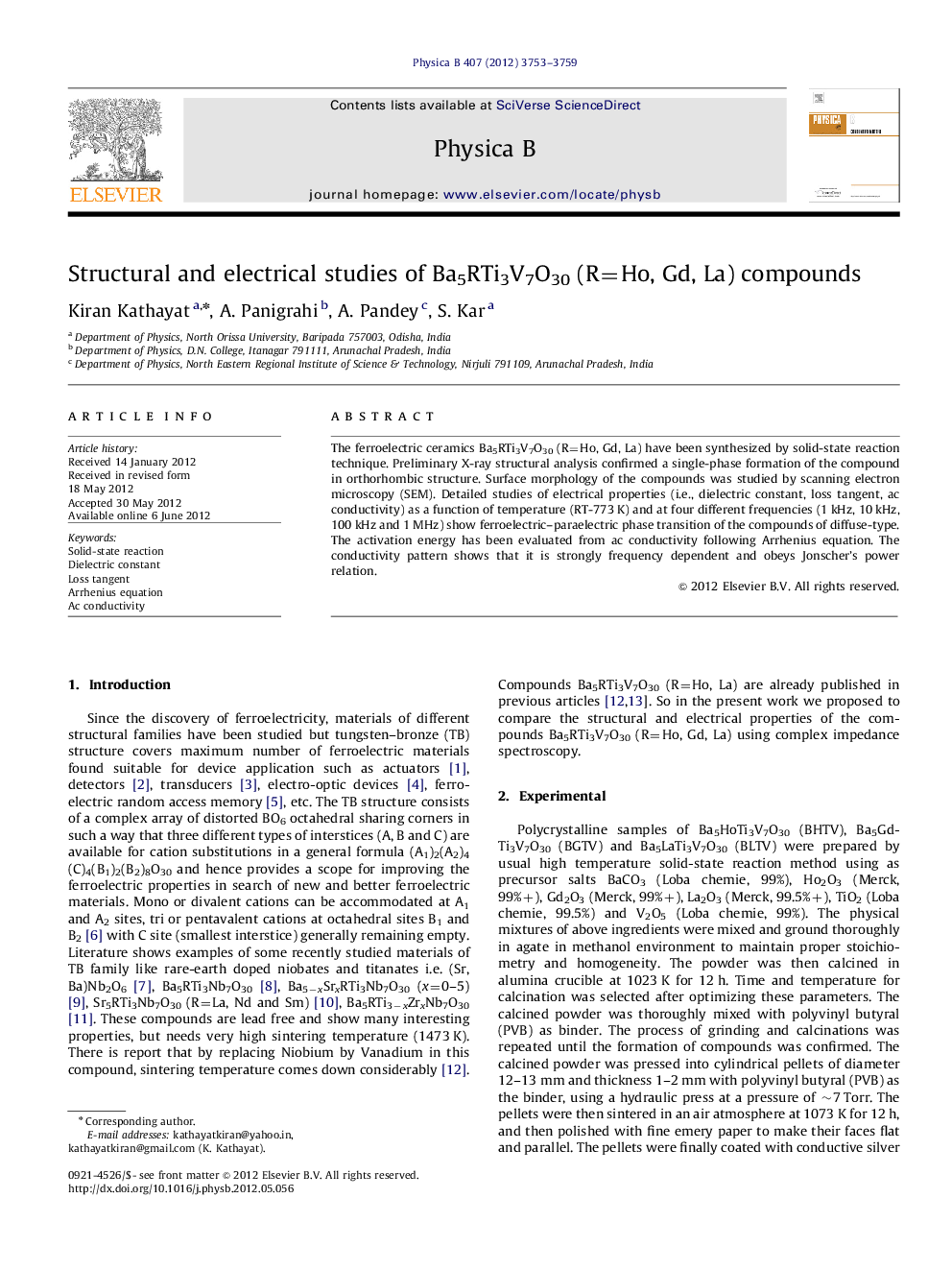 Structural and electrical studies of Ba5RTi3V7O30 (R=Ho, Gd, La) compounds