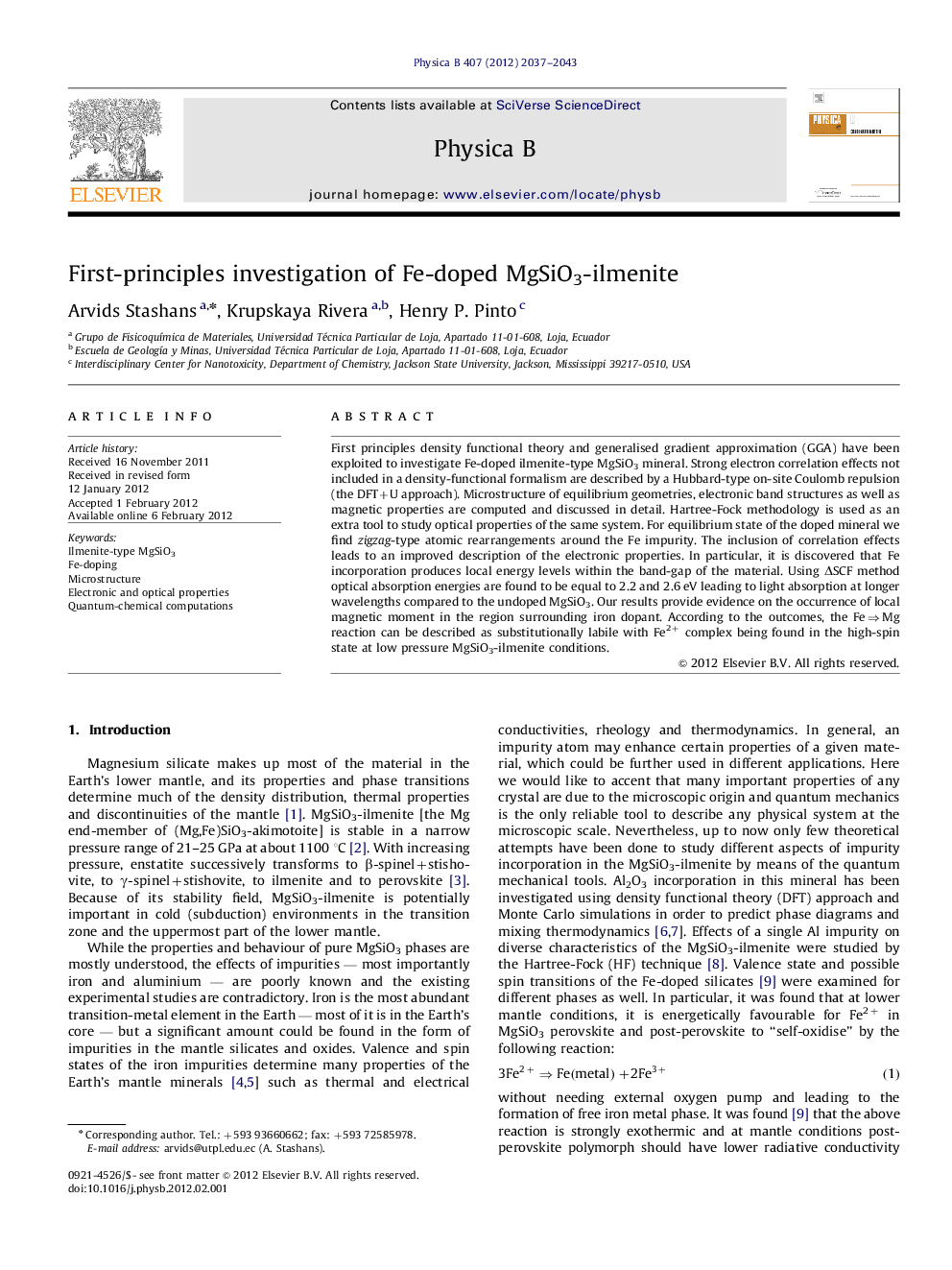 First-principles investigation of Fe-doped MgSiO3-ilmenite