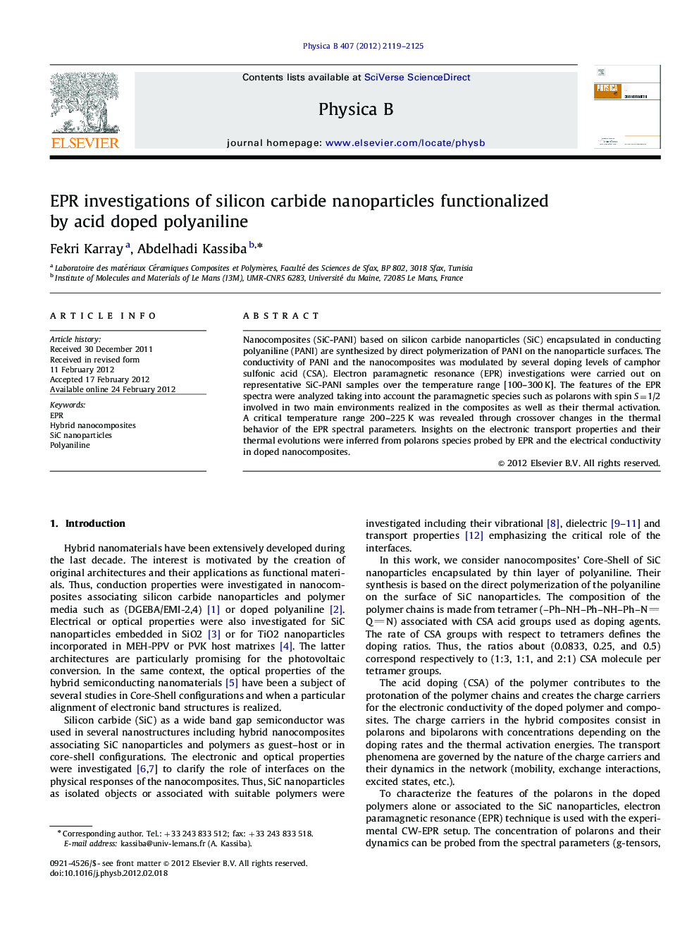 EPR investigations of silicon carbide nanoparticles functionalized by acid doped polyaniline