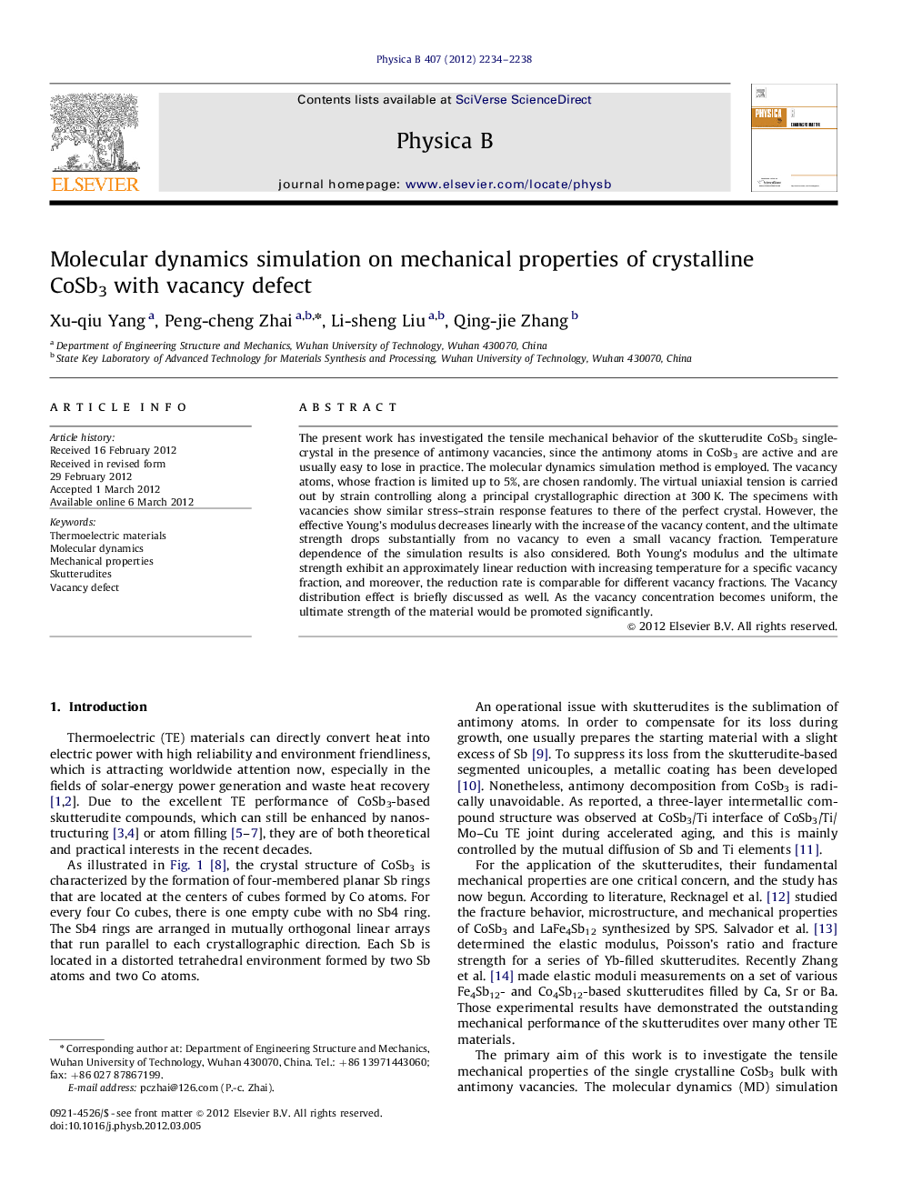 Molecular dynamics simulation on mechanical properties of crystalline CoSb3 with vacancy defect