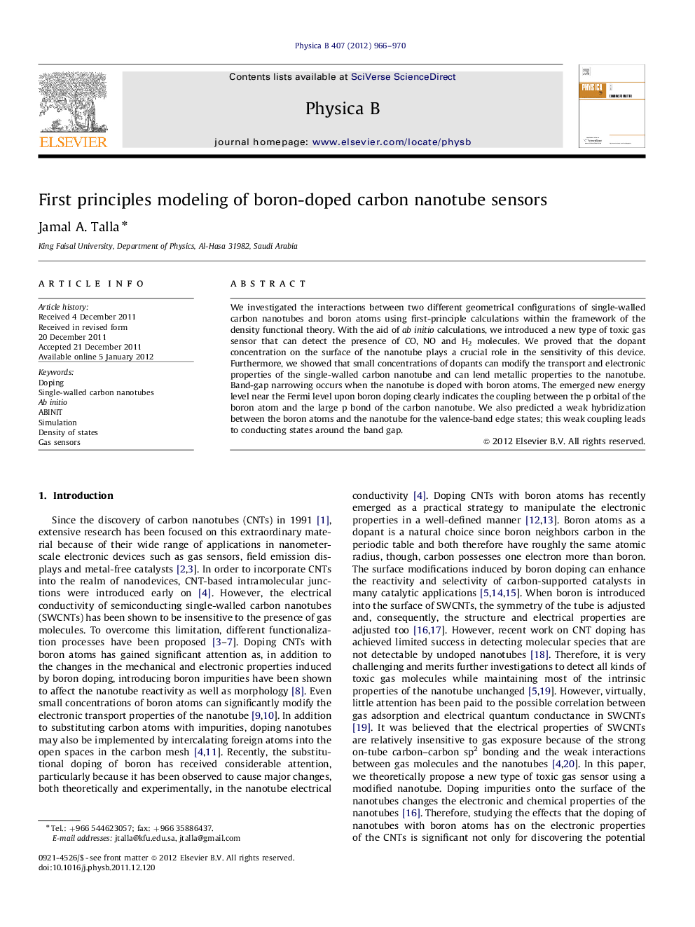 First principles modeling of boron-doped carbon nanotube sensors