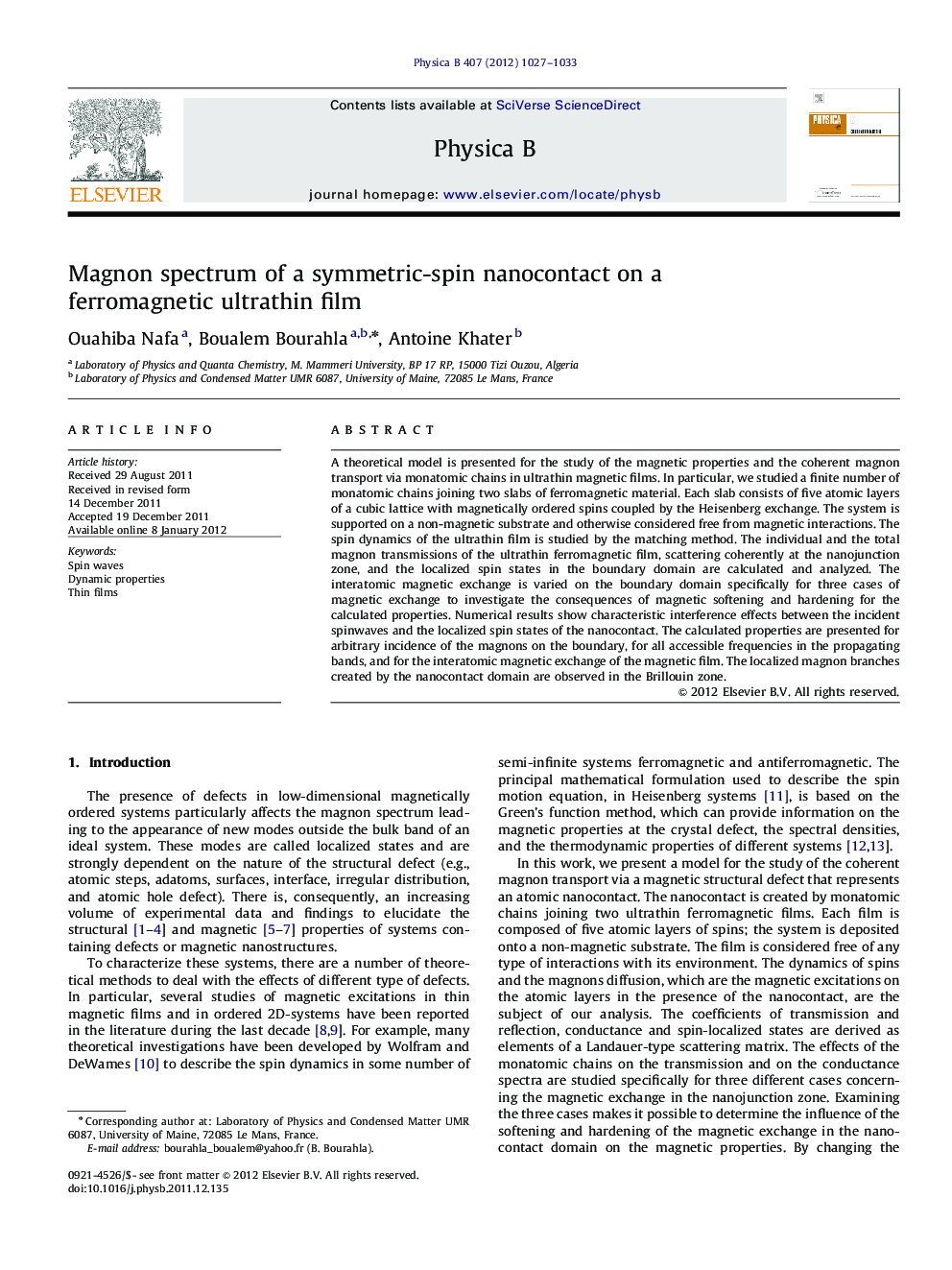 Magnon spectrum of a symmetric-spin nanocontact on a ferromagnetic ultrathin film