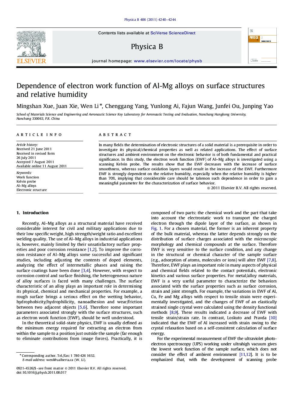 Dependence of electron work function of Al-Mg alloys on surface structures and relative humidity