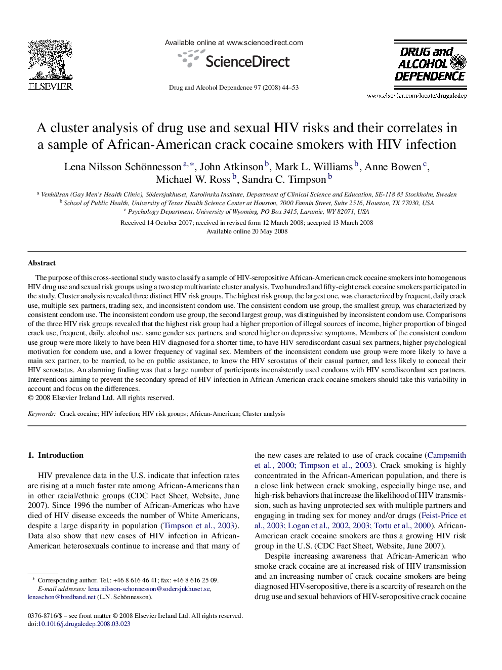 A cluster analysis of drug use and sexual HIV risks and their correlates in a sample of African-American crack cocaine smokers with HIV infection