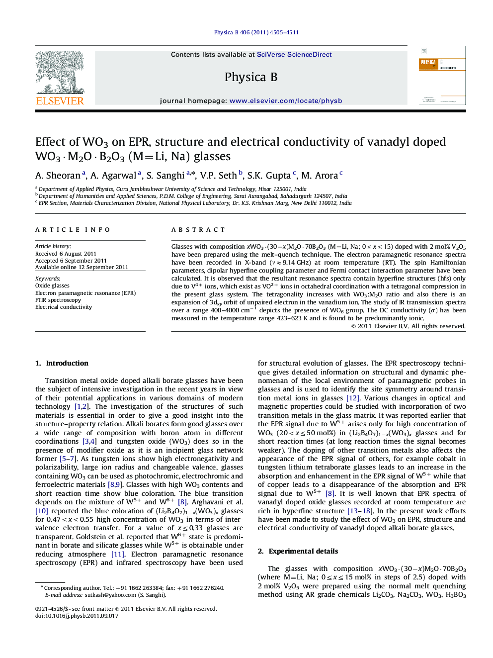 Effect of WO3 on EPR, structure and electrical conductivity of vanadyl doped WO3Â·M2OÂ·B2O3 (M=Li, Na) glasses