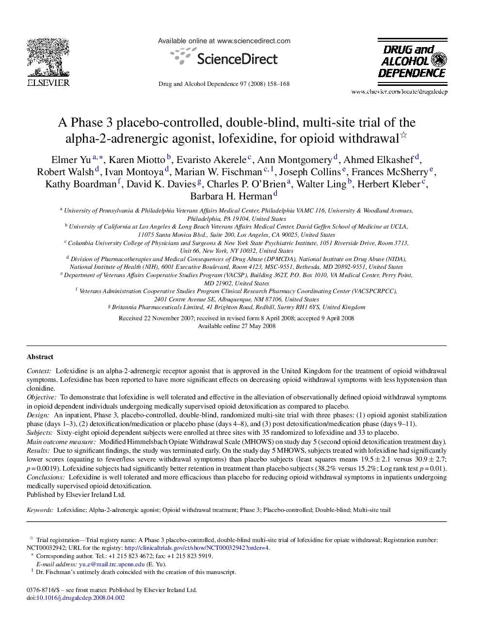 A Phase 3 placebo-controlled, double-blind, multi-site trial of the alpha-2-adrenergic agonist, lofexidine, for opioid withdrawal 