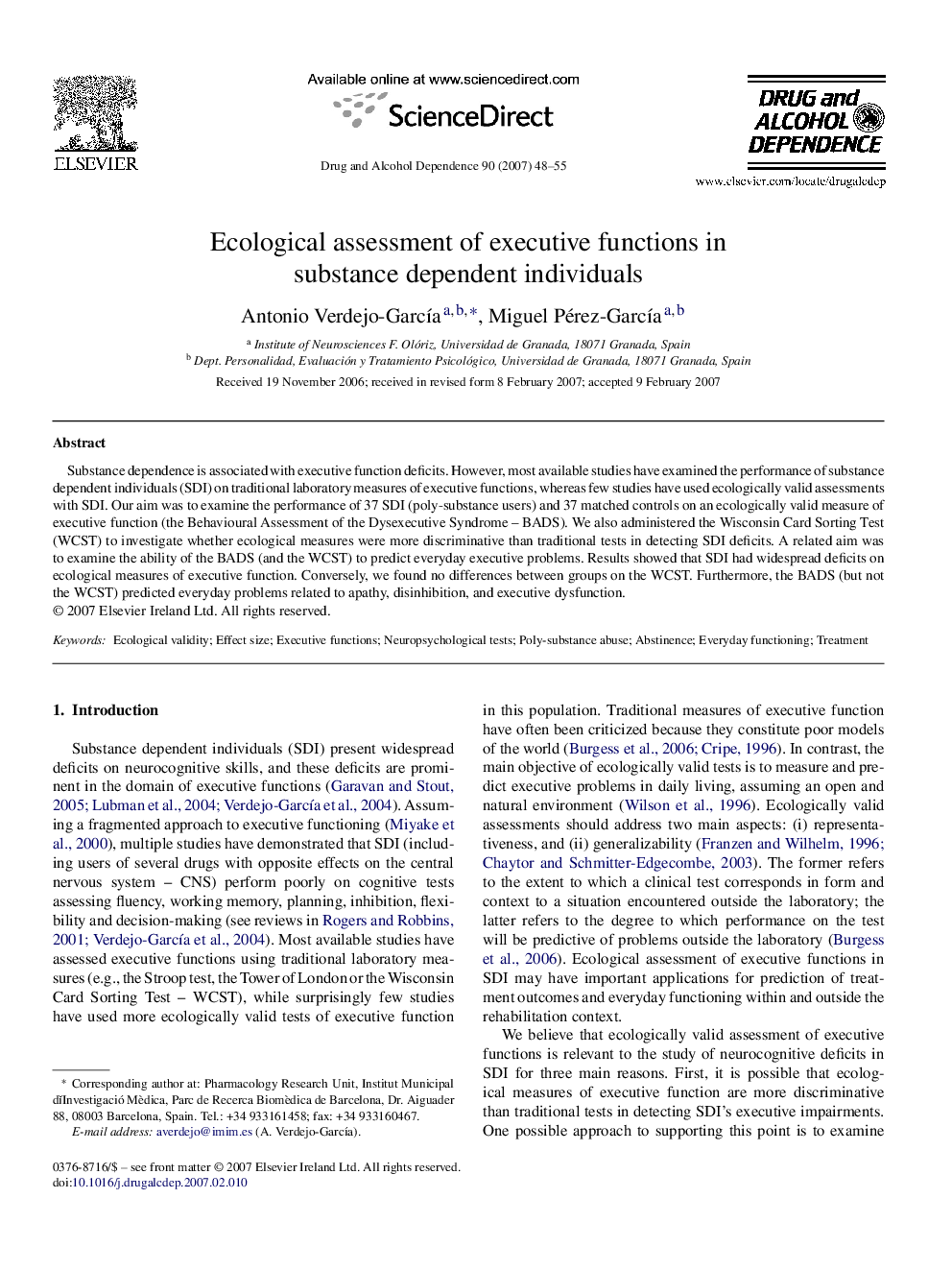 Ecological assessment of executive functions in substance dependent individuals