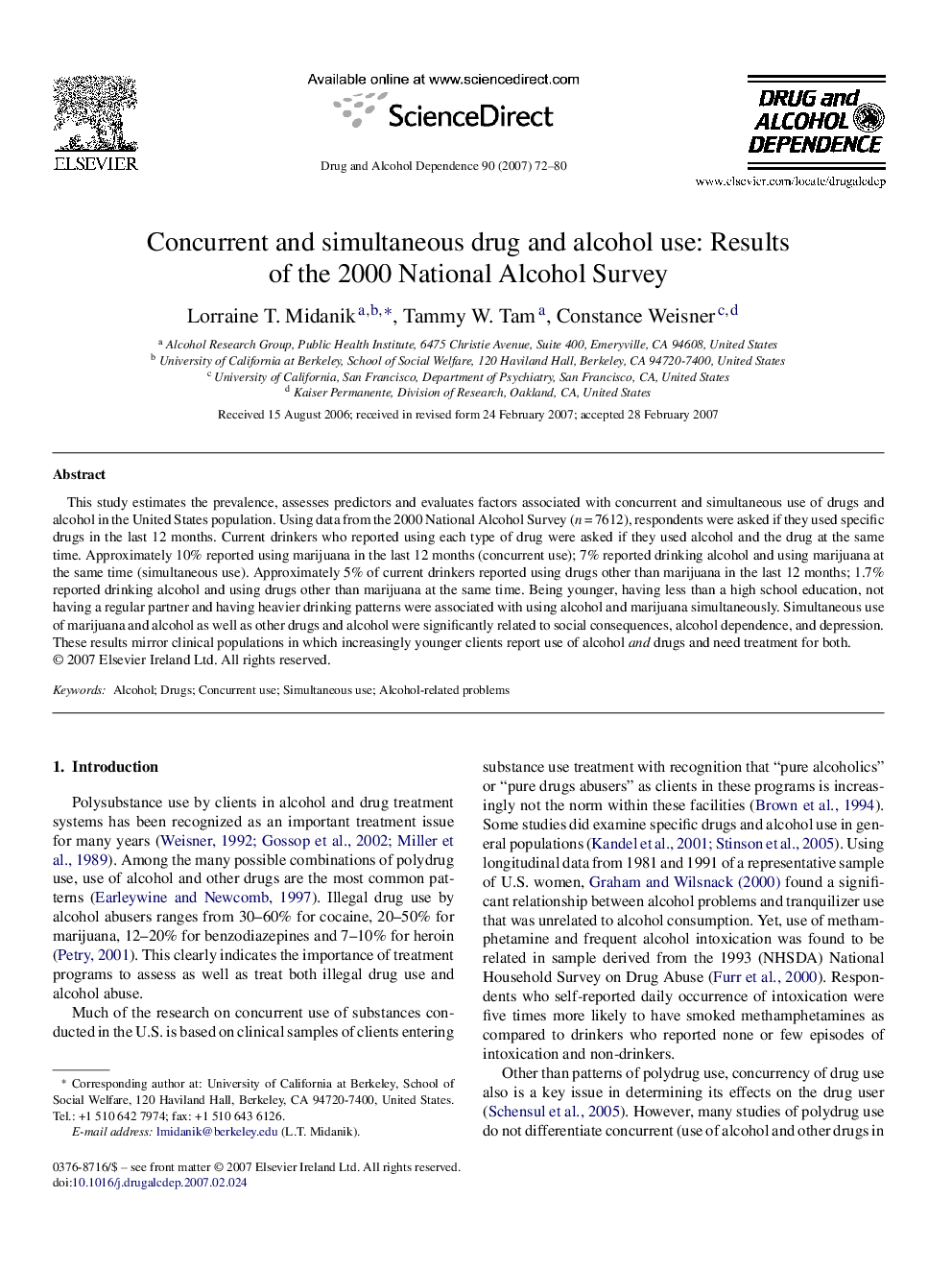 Concurrent and simultaneous drug and alcohol use: Results of the 2000 National Alcohol Survey