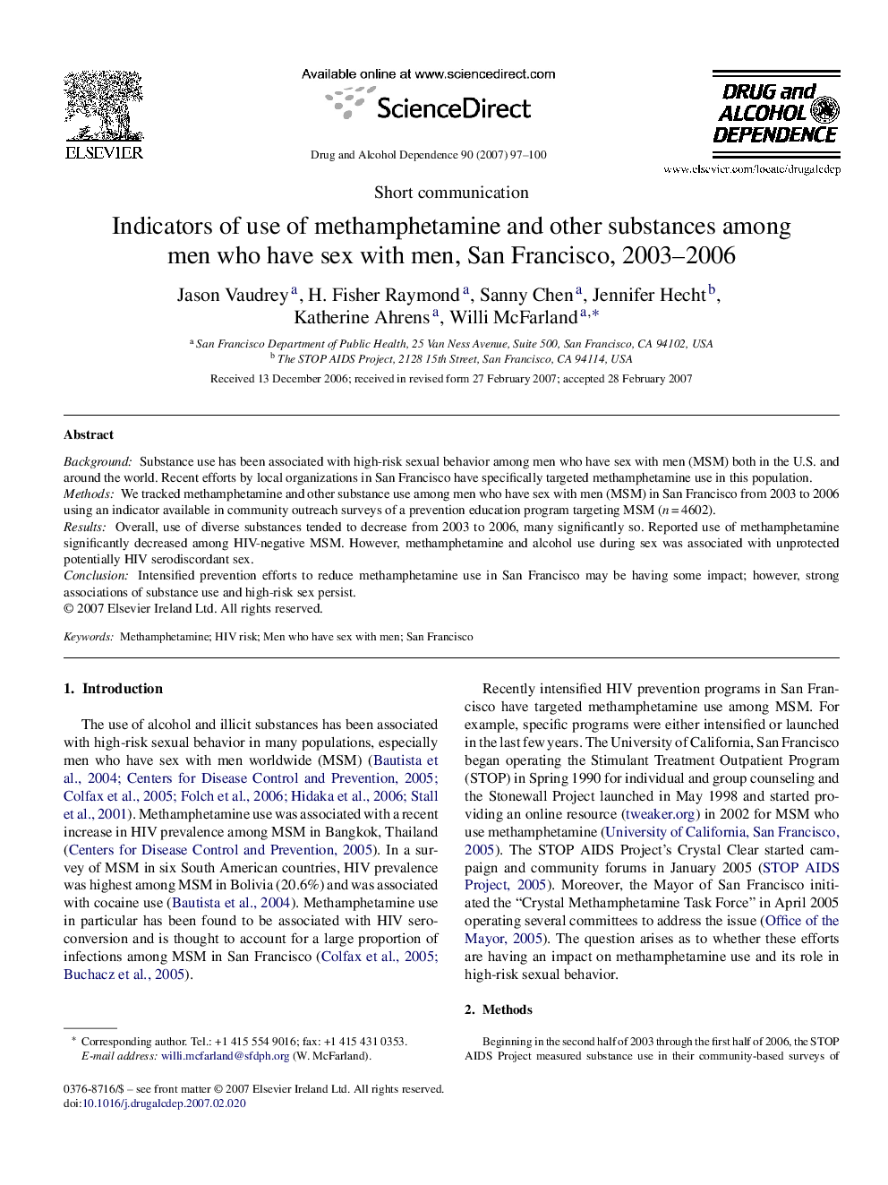 Indicators of use of methamphetamine and other substances among men who have sex with men, San Francisco, 2003–2006