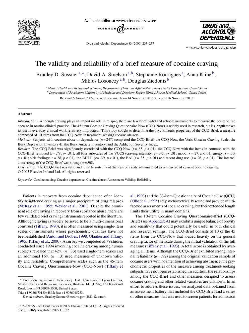 The validity and reliability of a brief measure of cocaine craving