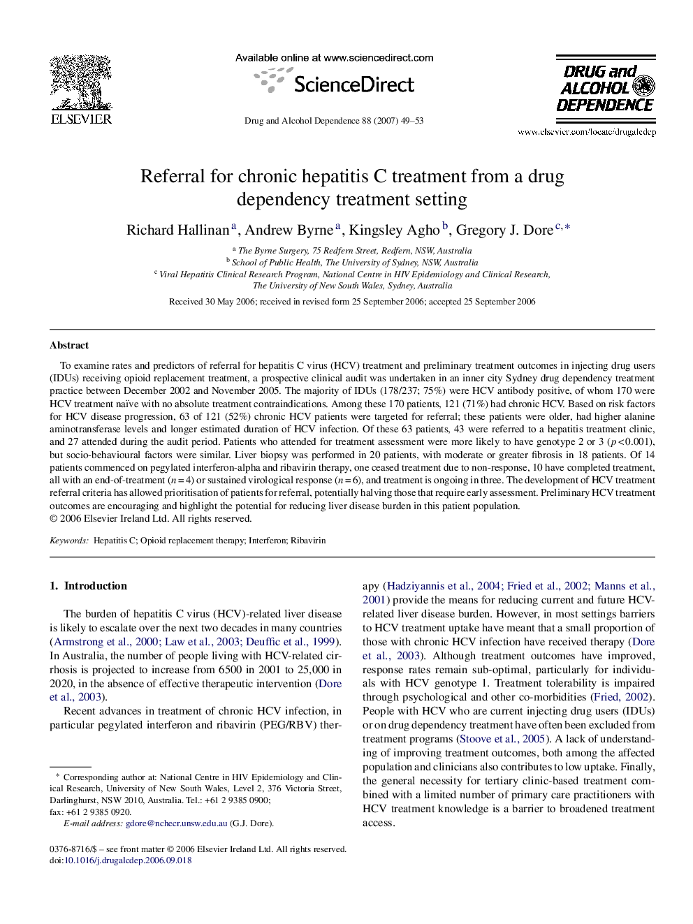 Referral for chronic hepatitis C treatment from a drug dependency treatment setting