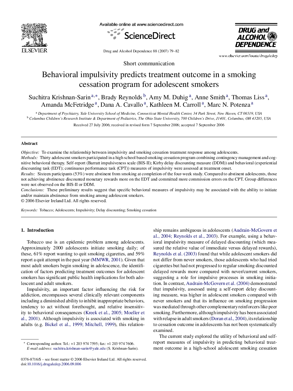 Behavioral impulsivity predicts treatment outcome in a smoking cessation program for adolescent smokers